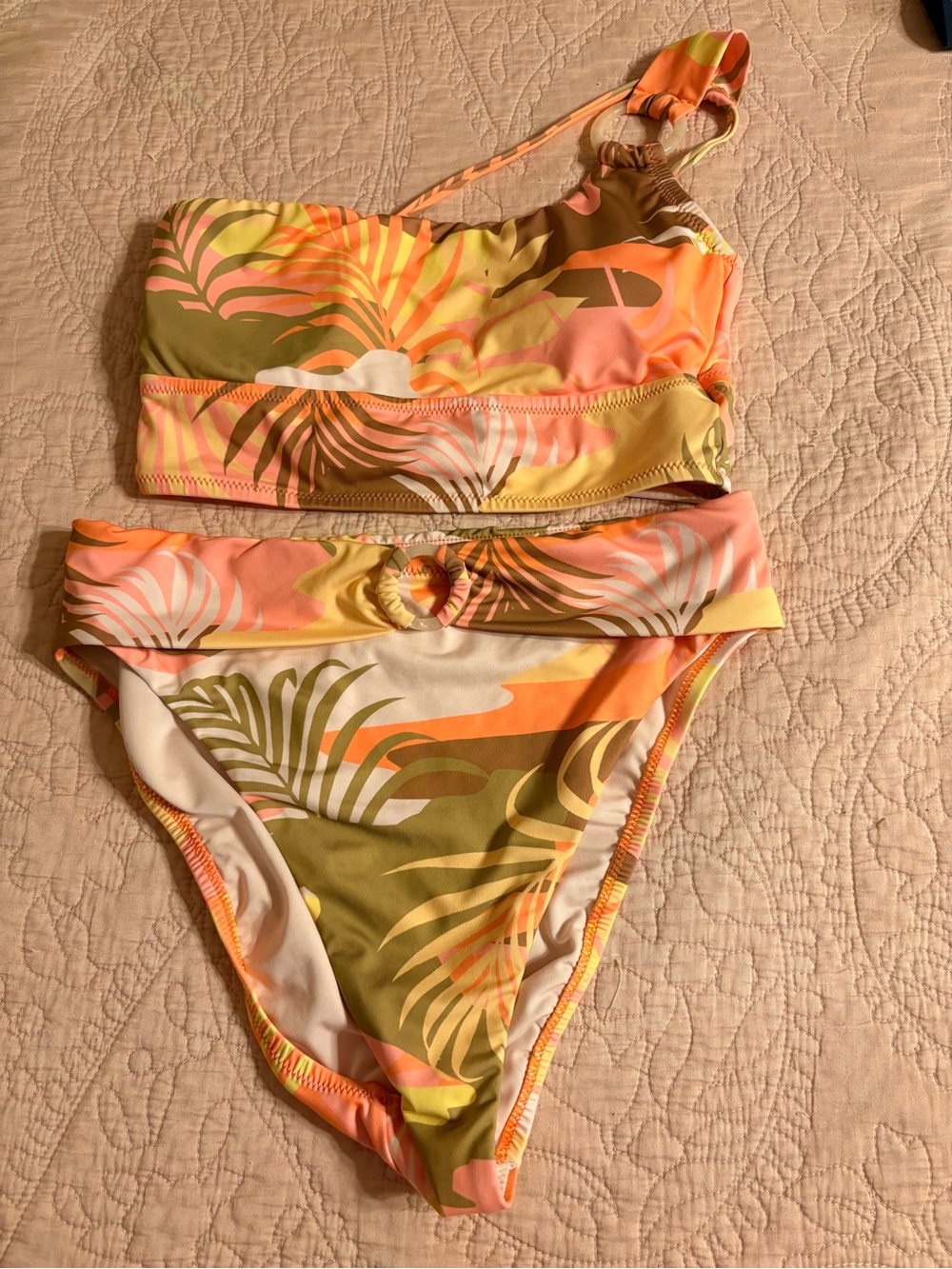 Sanctuary Floral Palm Print One-Shoulder Bikini in Orange, Yellow, Olive, Pink